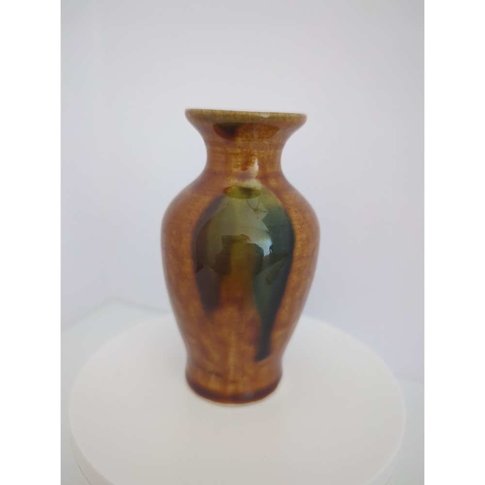 Handcrafted Glazed Ceramic Vase Earth Tone Drip Design Late 20th Century 4in